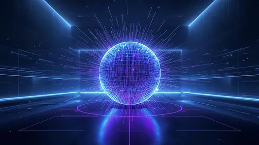 A vibrant digital sphere of blue and purple light represents the core of AI technology, showing data points connecting globally for SlideVault's AI Mastery Business presentations. This visual symbolizes AI-driven business intelligence, neural networks, and market disruption