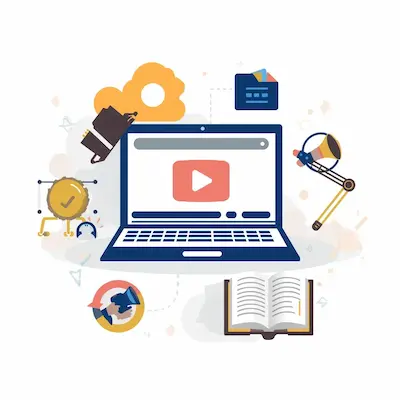 Ascend AI Lab's AI education resources, featuring a laptop with a video course, an e-book, and other learning icons