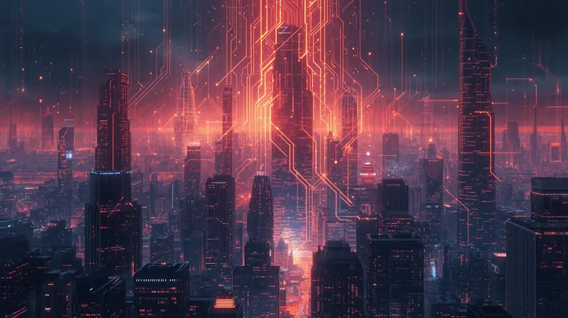 A futuristic cityscape at night with skyscrapers interconnected by a glowing red neural network, visualizing the AI revolution and the digital nervous system of the global economy. This image represents the future of technology and the importance of AI education from Ascend AI Lab.