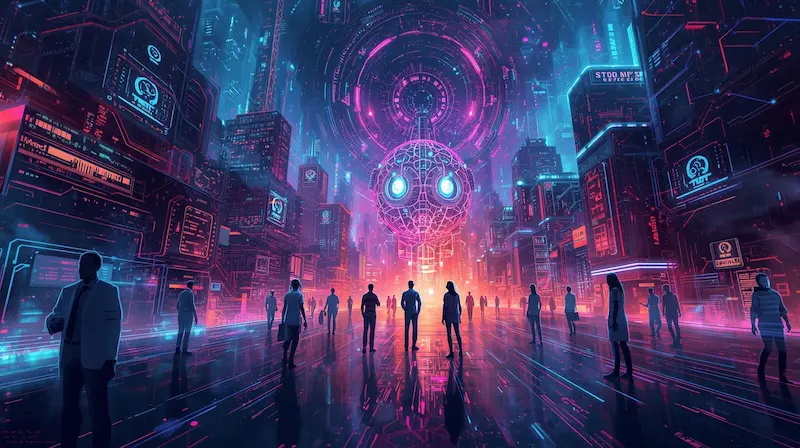 A vibrant, futuristic cityscape illustrating the AI revolution, with business professionals gazing at a massive, glowing artificial intelligence core. This image represents the future of work and the importance of learning AI to thrive in the new digital economy with Ascend AI Lab.