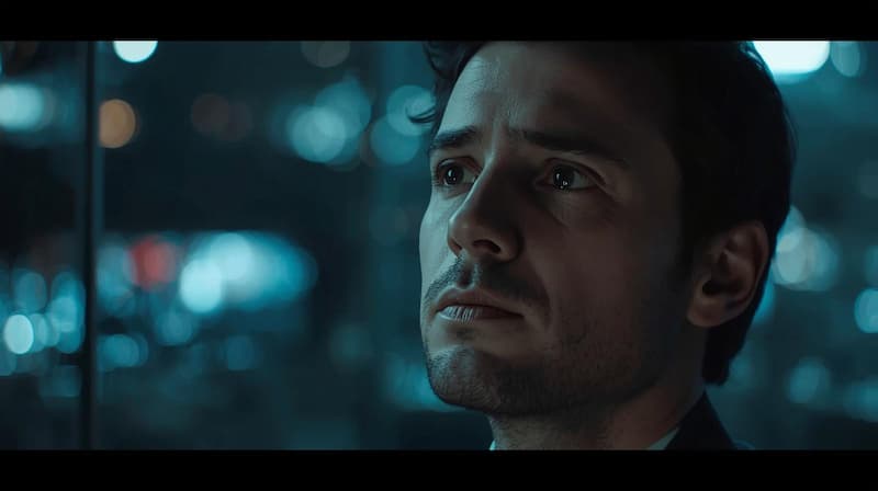 Worried professional looking out a window at a blurred city night lights, contemplating career changes and the future of AI in the workplace.