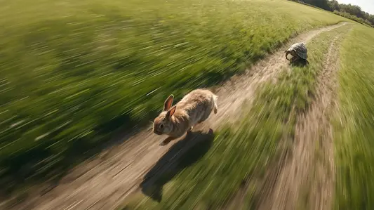 A rabbit sprinting ahead of a turtle on a race track, symbolizing how professionals using The Ascend AI Lab gain rapid progress and efficiency with AI tools compared to traditional slow learning methods.