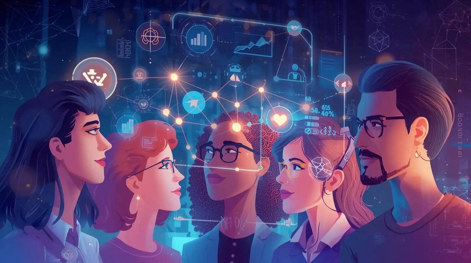 "A group of diverse startup founders analyzing AI-driven data insights on a holographic screen to validate their business ideas."