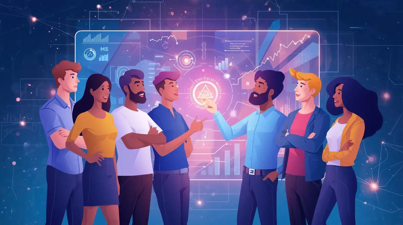 "A group of diverse startup founders analyzing AI-driven data insights on a holographic screen to validate their business ideas."